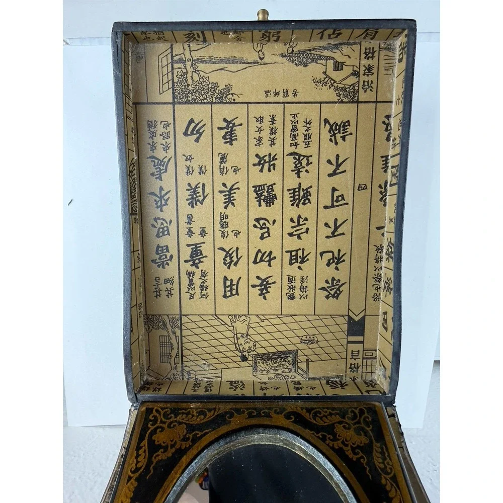 Antique Chinese Wood Lacquered Makeup Oval Vanity Fold Up Mirror Jewelry Box